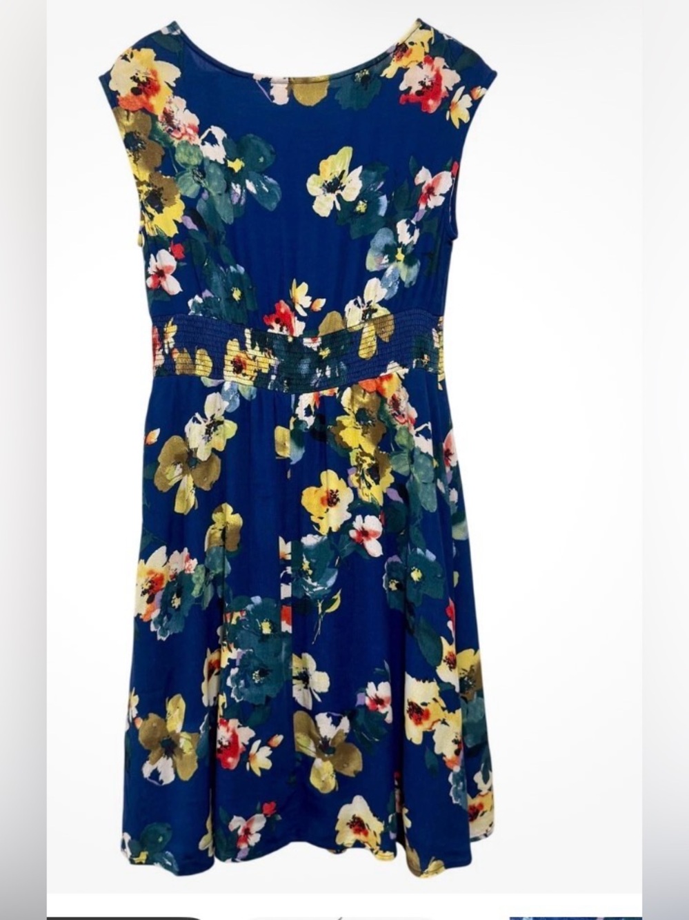 Maeve Anthropologie Evaline Dress Blue Floral Smocked Waist Pockets Lined Sz M
